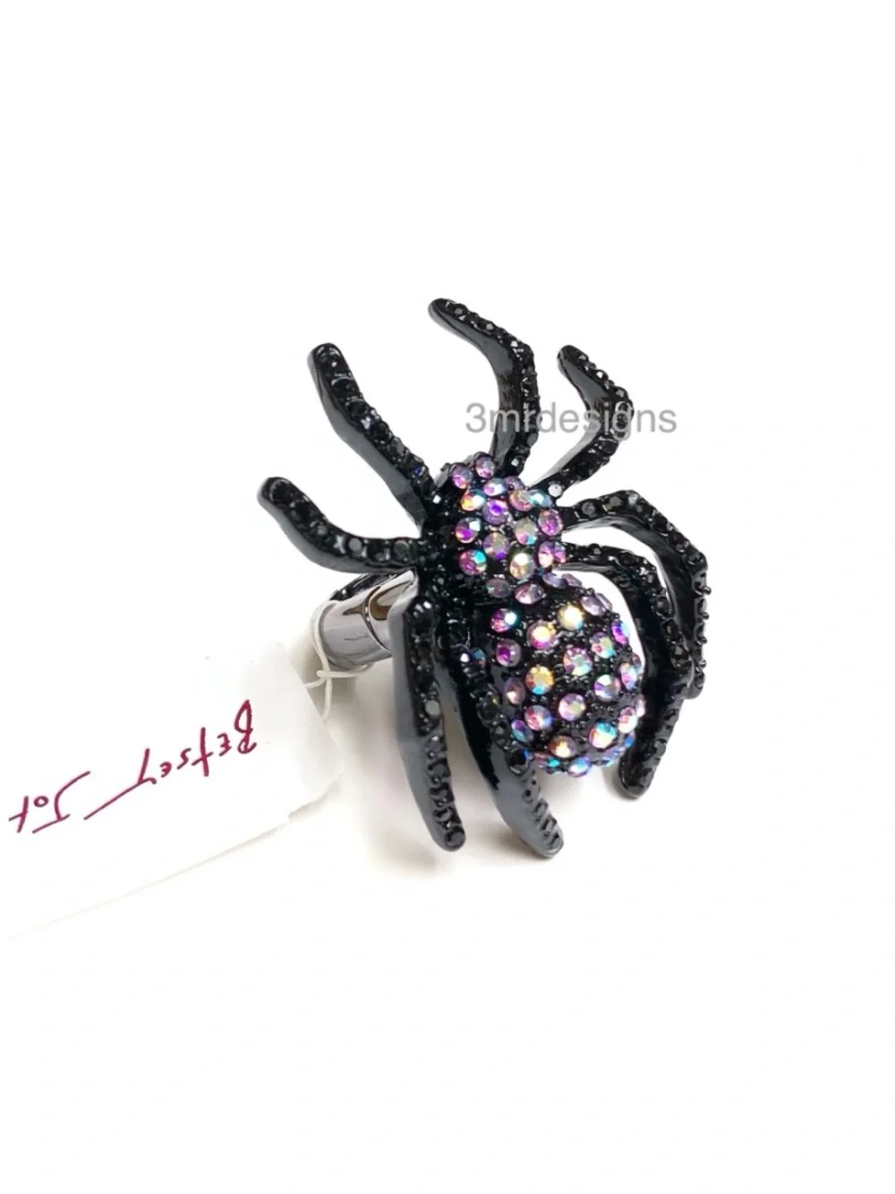 NWT Betsey Johnson 💋BLACK SPIDER Hematite Tone Iridescent Stones Stretch Ring